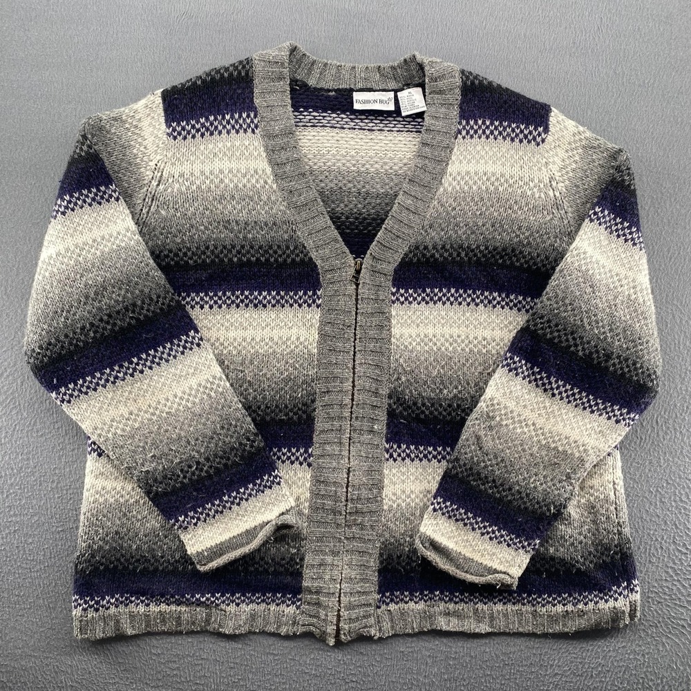 Fashion Bug Sweater Womens‎ XL Gray Navy Striped Full Zip V Neck Cardigan Knit